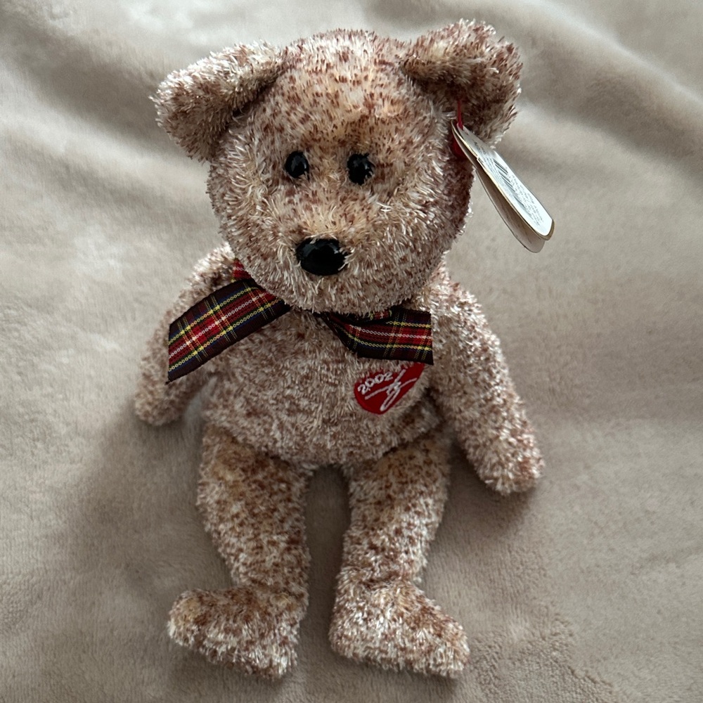 Ty Brown Speckled Plush Bear with Plaid Bow